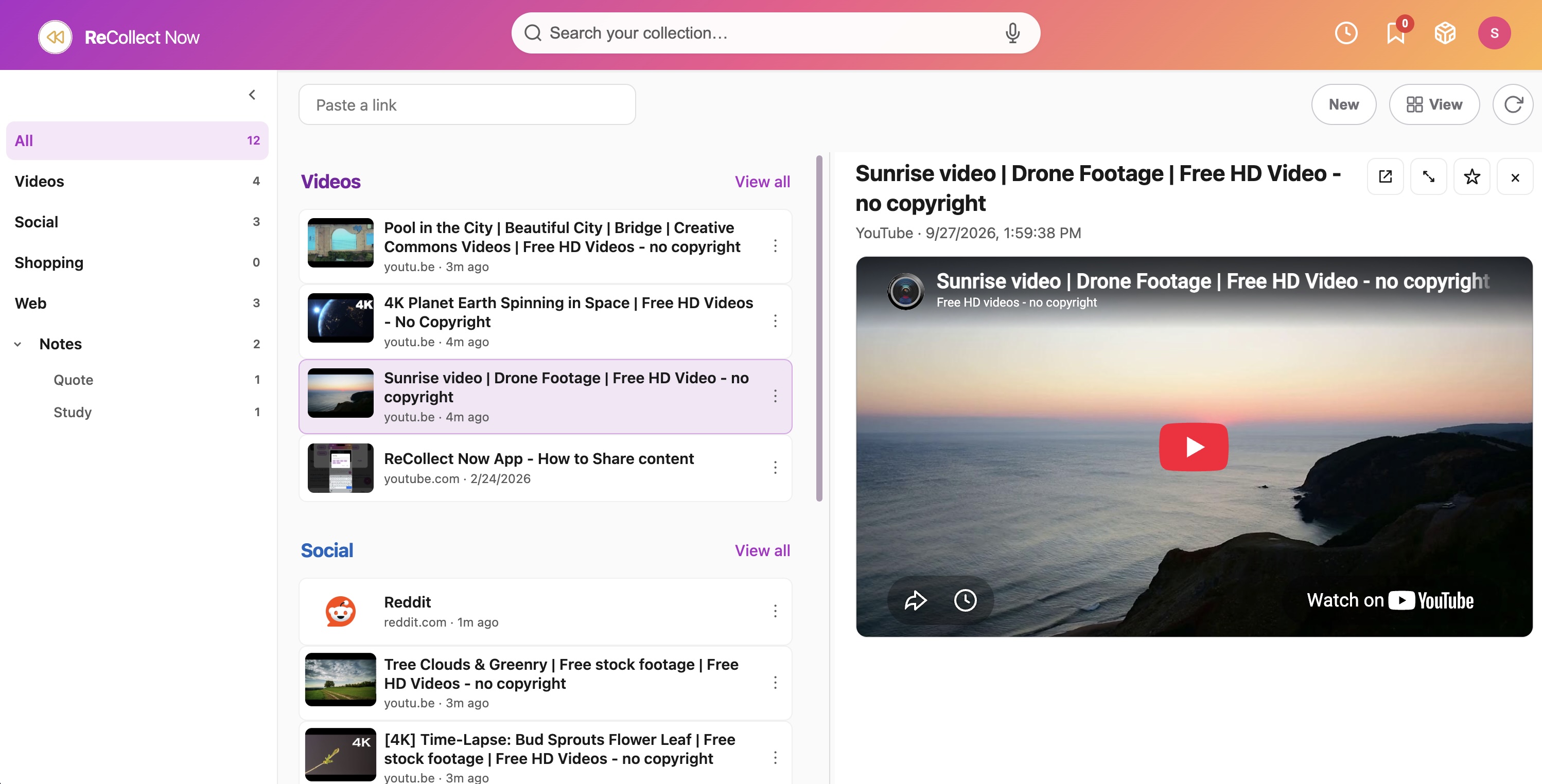 ReCollect on the web: categories on the left, a list of saved items in the middle, and a video preview on the right