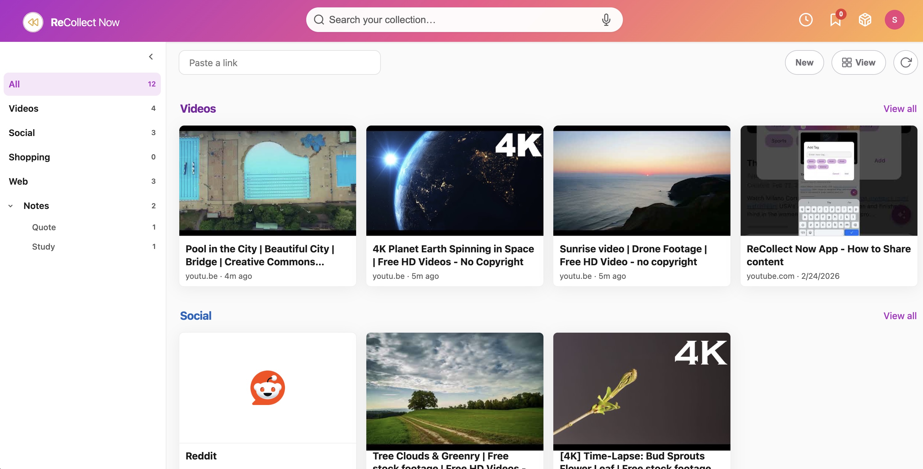ReCollect card view with Videos and Social items shown as thumbnail cards